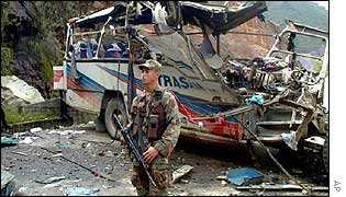 A bus blown up by ELN rebels 250km north of Bogota in December last year