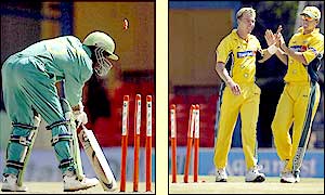 Kamande's day goes from bad to worse as his bails are swiftly dislodged by Lee's yorker