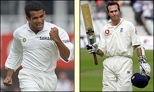 Zaheer Khan celebrates taking the key wicket of Michael Vaughan
