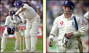 Wicketkeeper Ajay Ratra collects a thin edge from Alec Stewart to claim England's sixth wicket 