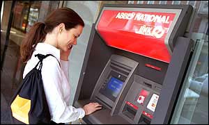 Girl using Abbey National cashpoint