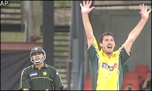 Australian bowler Jason Gillespie wins his appeal for lbw against Inzamam-ul-Haq, who is out for nought