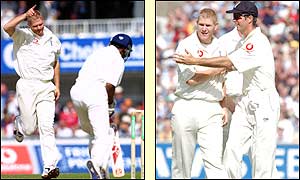 Hoggard is congratulated by his team-mates after dismissing Bangar for 21, leaving India on 87-2