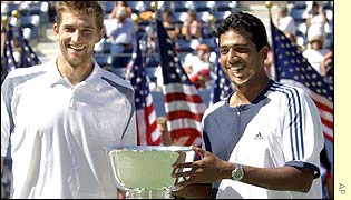 Max Mirnyi and Mahesh Bhupathi celebrate victory in the men's doubles