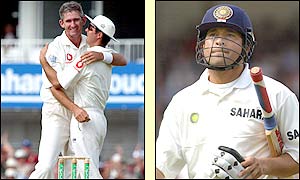 The crowd's hopes of seeing yet another century from Tendulkar - playing in his 100th Test - are dashed as Caddick sends him back to the pavilion