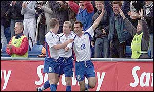 John Petersen celebrates scoring the second of the Faroe Islands' goals