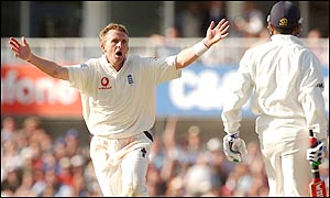 Alec Stewart takes Ganguly's top-edge to give Cork his first wicket