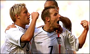 Alan Smith celebrates his goal for England against Portugal