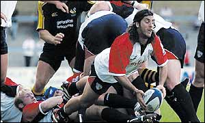 Bristol scrum-half Agustin Pichot fires out a pass