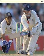 Vaughan plays a sweep shot against India