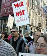 Peace protesters marched along Broadway on Sunday