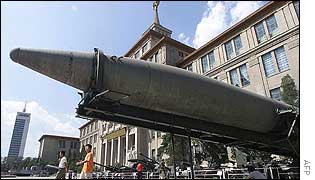 A missile on display in the courtyard of the Military Museum in Beijing.
