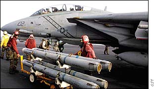 An F-18 fighter plane on aircraft carrier USS George Washington in the Arabian Sea