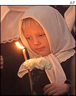 A girl at a Russian memorial service