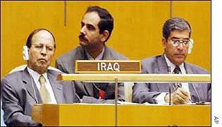 Iraqi delegation at United Nations listen to President Bush