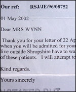 Mrs Wynne's letter says people outside Shropshire have to wait longer