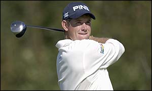 Lee Westwood drives at the sixth hole in Cologne