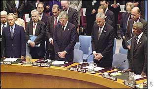 Syrian Foreign Minister Farouk Al-Sharaa, UK Foreign Minister Jack Straw, United States Secretary of State Colin Powell, and UN Secretary-General Kofi Annan fall silent for 11 September victims