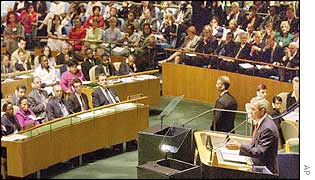 President Bush delivering his speech to the UN General Assembly
