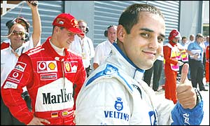 Juan Pablo Montoya gives the thumbs-up in the Monza pits