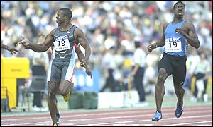 Tim Montgomery wins the 100m ahead of Britain's Dwain Chambers