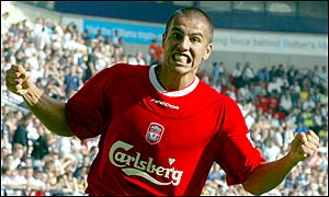 Milan Baros celebrates scoring his first goal for Liverpool