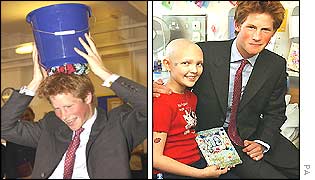 Harry at Osmani school (left) and with 11-year-old leukaemia patient Samantha Ledster