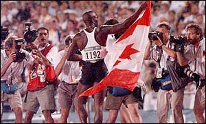 Canada's Donovan Bailey secures Olympic gold at Atlanta in 1996 with a world record time 
