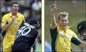 McGrath and Lee celebrate taking eight wickets between them