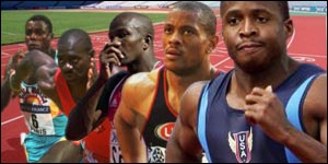 The evolution of the record (from left): Carl Lewis, the controversial Ben Johnson, Donovan Bailey, Maurice Greene, Tim Montgomery