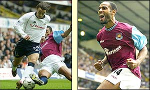 Simon Davies is on target for Spurs while Freddie Kanoute celebrates his equaliser