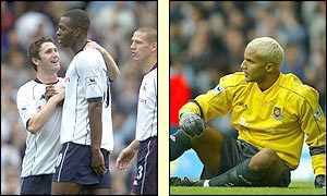 Anthony Gardner is congratulated for his goal while Hammers' David James is floored