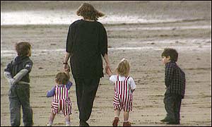 Mother and family walk on a beach