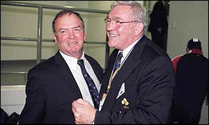 Millar (right) celebrates the 2001 Lions' first Test victory over Australia