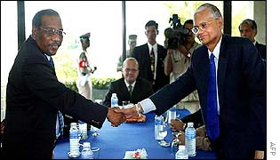 Anton Balasingham (left) and GL Peiris on first day of talks