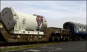 A container of radioactive plutonium is taken by train to the Sellafield nuclear plant