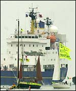 A flotilla of anti-nuclear protestors intercept the Mox shipment in the Irish Sea