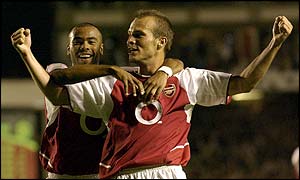 Arsenal's Freddie Ljungberg celebrates his return to action with a goal