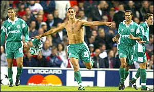 Haifa's Yaniv Katan celebrates after giving his side a surprise early lead at Old Trafford