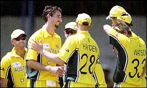 Jason Gillespie is congratulated by his team-mates