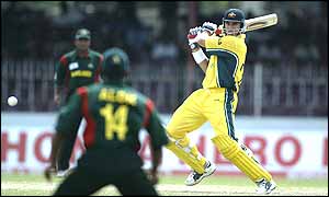 Matthew Hayden in action during Australia's nine-wicket win over Bangladesh