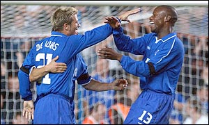 Chelsea's Enrique De Lucas (left) is congratulated by William Gallas