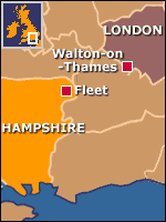 Map showing Fleet and Walton-on-Thames