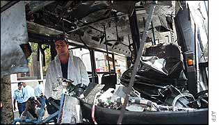 Interior of wrecked bus in Tel Aviv