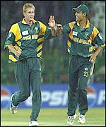 Shaun Pollock takes a wicket