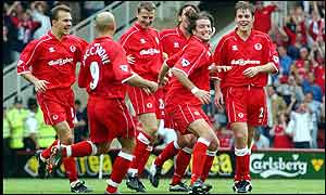 Middlesbrough players celebrate Franck Queudrue's goal at the Riverside