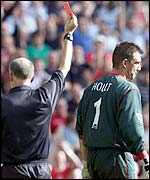 West Brom keeper Russell Hoult is sent-off after bringing down Michael Owen