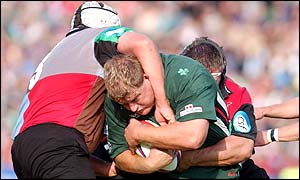 Laurent Gomez halts London Irish's Neal Hatley at The Stoop in a tight match