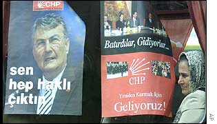 Woman supporter of Republican People's Party [CHP] sits on bus after attending political meeting