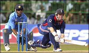 England's Nick Knight sweeps the ball to the boundary